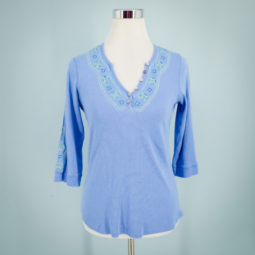 Alp N Rock Size Medium M Blue Mikki Floral Embroidered Henley 3/4 Sleeve Top